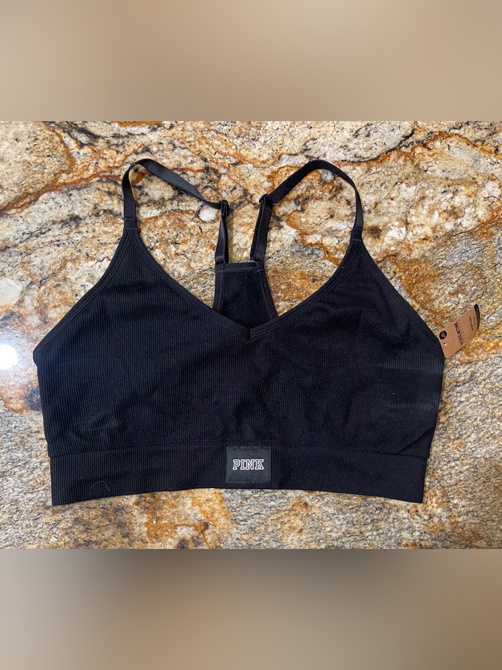 PINK ribbed black sports bra